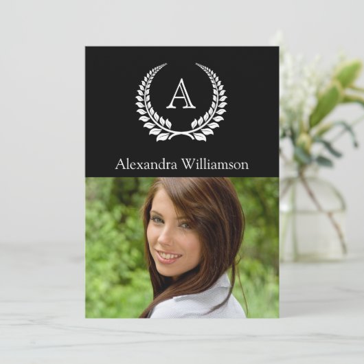 Monogramm Laurel Schwarz/Weiß Einladung (Stehend Vorderseite)