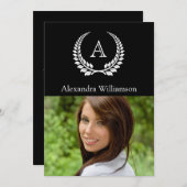 Monogramm Laurel Schwarz/Weiß Einladung (Vorne/Hinten)