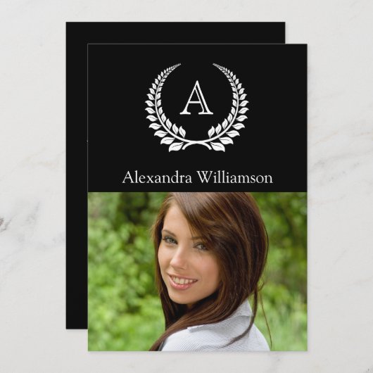 Monogramm Laurel Schwarz/Weiß Einladung (Vorne/Hinten)