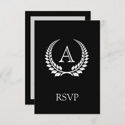 Monogramm Laurel Schwarz/Weiß RSVP Karte (Vorne/Hinten)