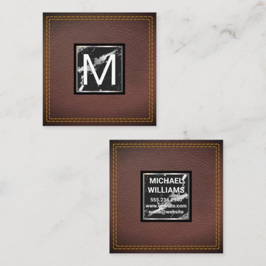 Monogramm | Leder | Marmormetall Quadratische Visitenkarte (Vorne/Hinten)