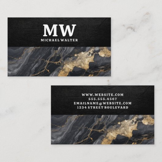 Monogramm | Leder | Marmortextur Visitenkarte (Vorne/Hinten)