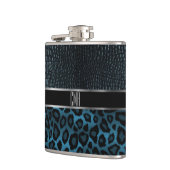 Monogramm Leder- und Leopardenmuster - Blau Flachmann (Links)