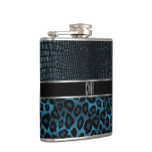 Monogramm Leder- und Leopardenmuster - Blau Flachmann (Rechts)
