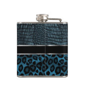 Monogramm Leder- und Leopardenmuster - Blau Flachmann (Rückseite)