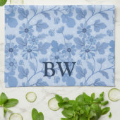 Monogramm Leichte Blaue und Navy Blumenmuster Geschirrtuch (Gefaltet)