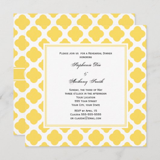 Monogramm Lemon Gelb und Weiß Quatrefolienmuster Einladung (Vorne/Hinten)