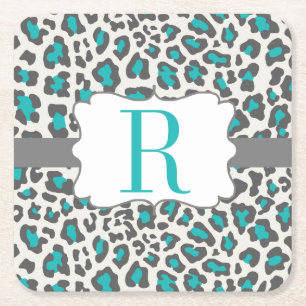 Monogramm-Leopard-Aqua-grauer Weißbuch-Untersetze Rechteckiger Pappuntersetzer