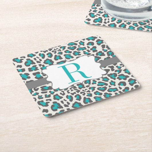Monogramm-Leopard-Aqua-grauer Weißbuch-Untersetzer Rechteckiger Pappuntersetzer (angewinkelt)