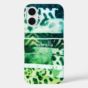 Monogramm Leopard, aquamarin gelb, grün iPhone 16 Hülle