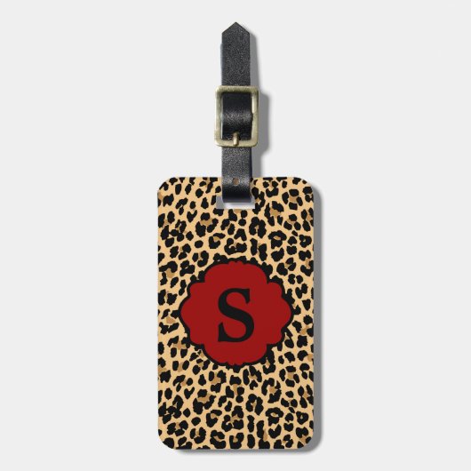Monogramm-Leopard-Druck-roter Gepäckanhänger (Vorderseite vertikal)