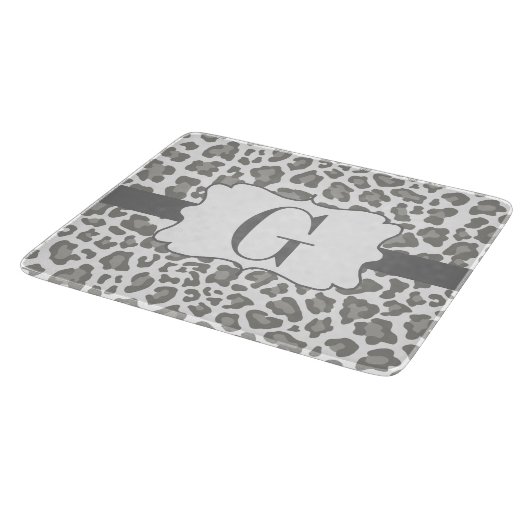 Monogramm-Leopard-weißes und graues Schneidebrett (Ecke)