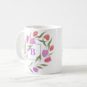 Monogramm Letter B Lila und weiß mit Blume Kaffeetasse (Vorderseite Links)