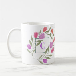 Monogramm Letter C Lila und weiß mit Blume Kaffeetasse