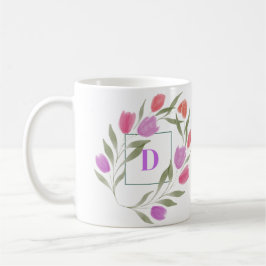 Monogramm Letter D Lila und weiß mit Blume Kaffeetasse