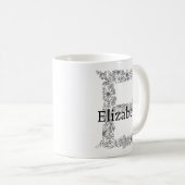 Monogramm Letter E Schwarz-weißes botanisches Flor Kaffeetasse (VorderseiteRechts)