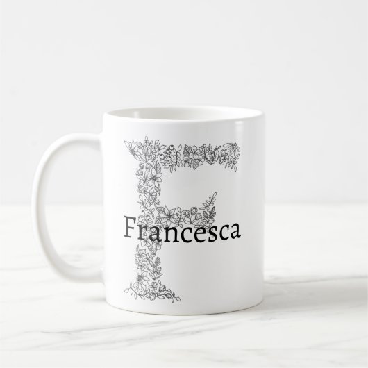 Monogramm Letter F Schwarz-weiße botanische Blüte Kaffeetasse (Links)