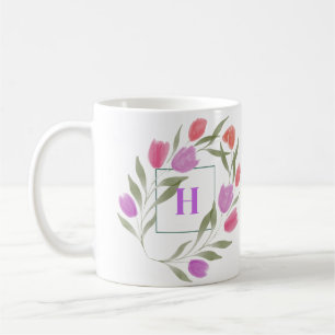 Monogramm Letter H Lila und weiß mit Blume Kaffeetasse