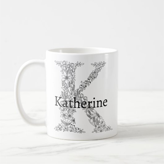 Monogramm Letter K Schwarz-weißes botanisches Flor Kaffeetasse (Links)