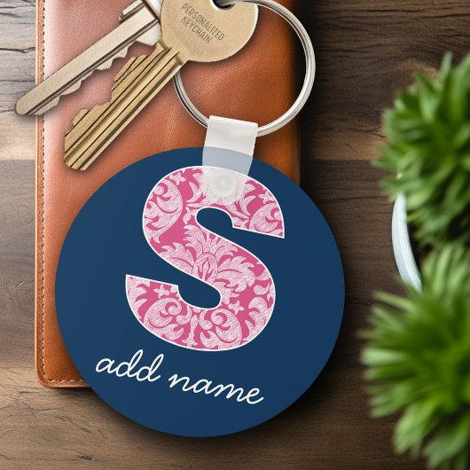 Monogramm Letter S (Navy and Hot Pink Damask Muste Schlüsselanhänger