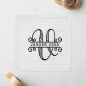 Monogramm Letter V mit Familienname Mitteilungskarte (Vorderseite/Rückseite Beispiel)