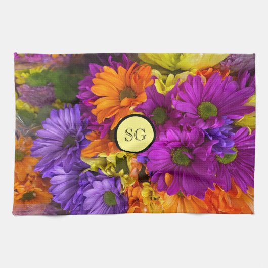 Monogramm Leuchtendes Blumen Geschirrtuch Handtuch (Horizontal)