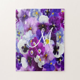 Monogramm lila blau weiße Stiefmütterchen Blumen  Puzzle