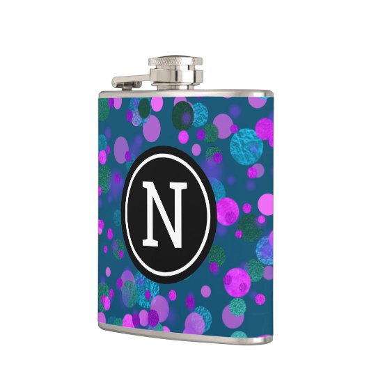 Monogramm lila blauer Glitzer Konfetti Punkte auf  Flachmann (Links)