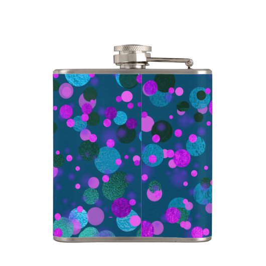 Monogramm lila blauer Glitzer Konfetti Punkte auf Flachmann (Rückseite)