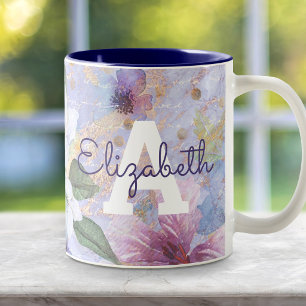 Monogramm lila blaues florales Wasserfarben-Vintag Zweifarbige Tasse