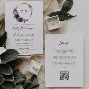 Monogramm-Lila-Blumenkranz-QR-Code-Hochzeit Einladung