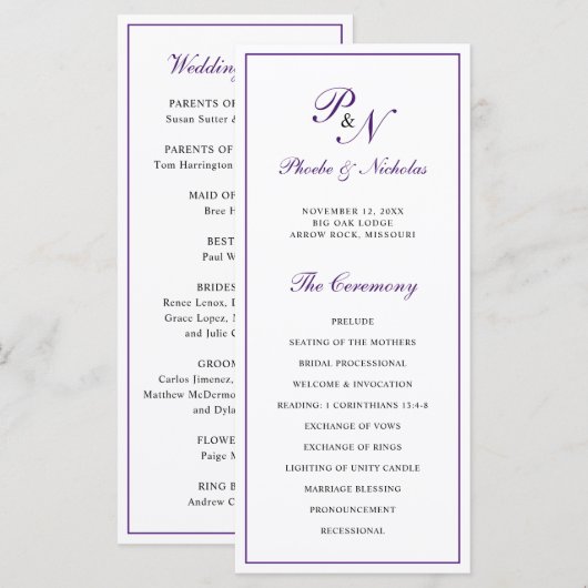 Monogramm Lila formelle Hochzeit Programm (Vorne/Hinten)