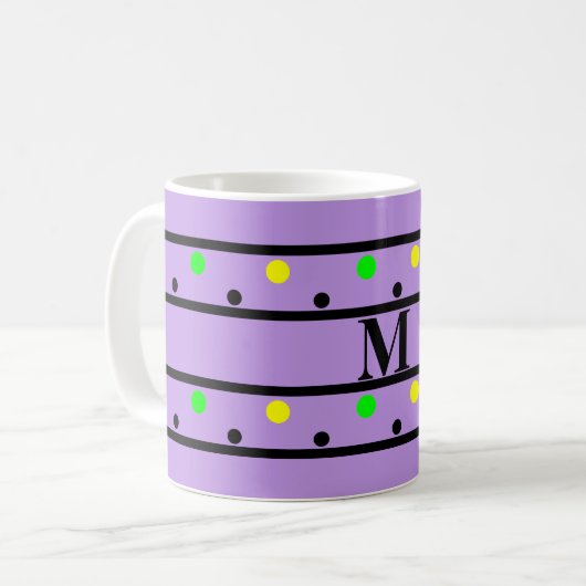 Monogramm Lila-Gelbgrüne Polka-Punkte Kaffeetasse (Vorderseite Links)