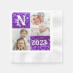 Monogramm Lila Glitzer 2 Foto Collage Serviette