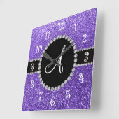 Monogramm lila Glitzer Diamantkreis Quadratische Wanduhr (Winkel)