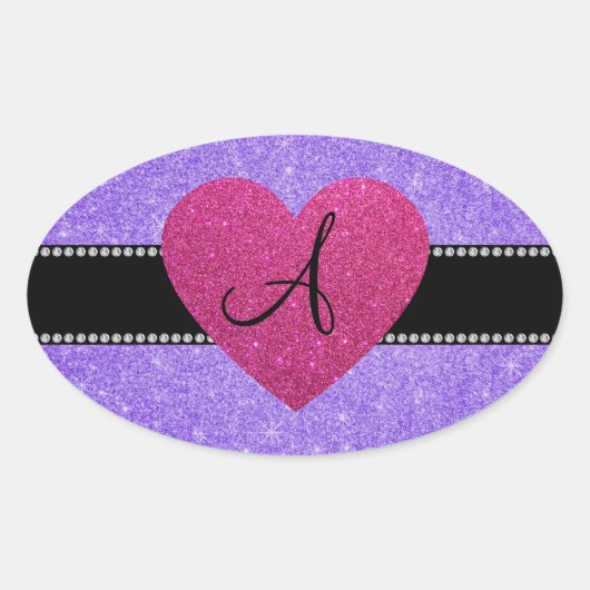Monogramm lila Glitzer rosa Herz Ovaler Aufkleber (Vorderseite)