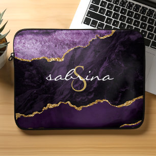 Monogramm Lila Gold Achat Geode Laptopschutzhülle