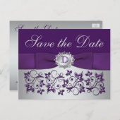 Monogramm Lila Graue Floral Save the Date Postkart Ankündigungspostkarte (Vorne/Hinten)