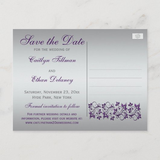 Monogramm Lila Graue Floral Save the Date Postkart Ankündigungspostkarte (Rückseite)