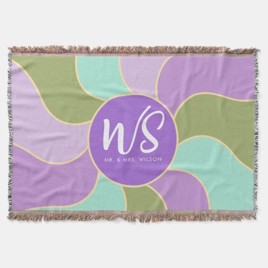 Monogramm Lila, grüne Retro-Sun-Waves Decke (Vorderseite)