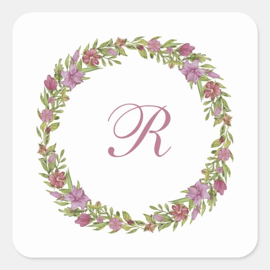 Monogramm Lila grünes Blumenkraut Quadratischer Aufkleber (Vorderseite)