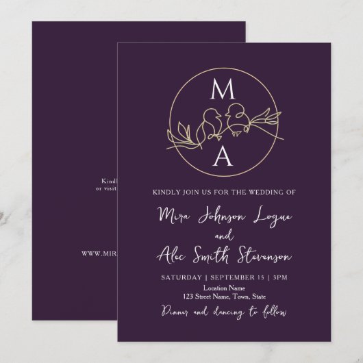 Monogramm Lila Hochzeit Einladung (Vorne/Hinten)