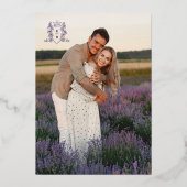 Monogramm lila Hochzeitsessen Probe Folieneinladung (Rückseite)