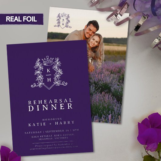 Monogramm lila Hochzeitsessen Probe Folieneinladung