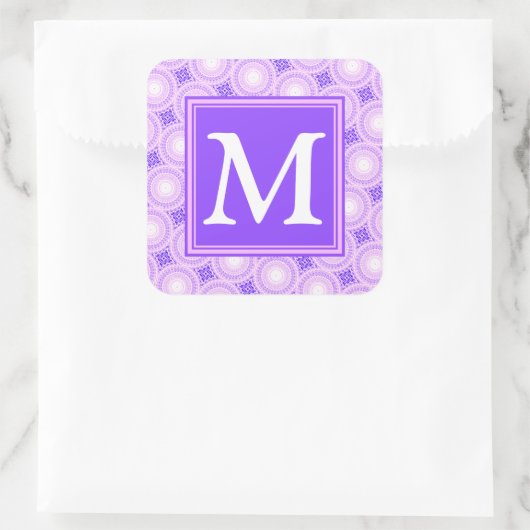 Monogramm lila Kreismuster Quadratischer Aufkleber (Tasche)