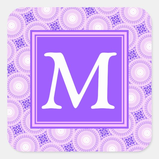 Monogramm lila Kreismuster Quadratischer Aufkleber (Vorderseite)