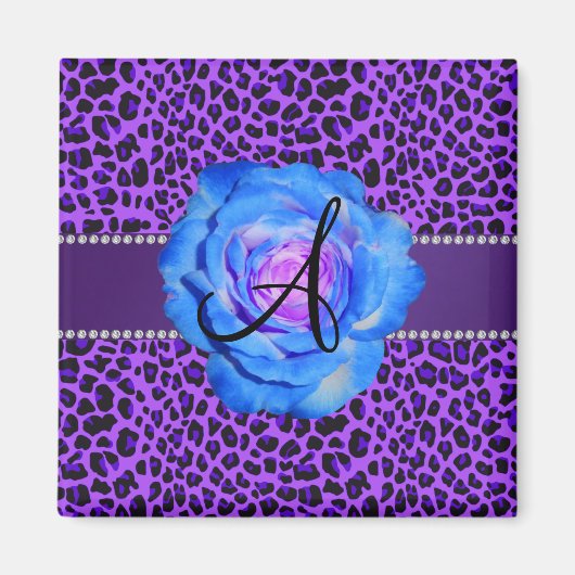 Monogramm lila Leopardenblauer Rose Magnet (Vorne)
