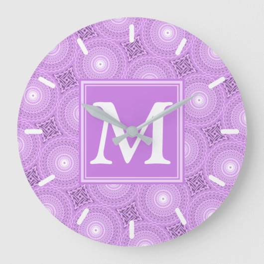Monogramm-Lila-lila Kreismuster Große Wanduhr (Vorderseite)