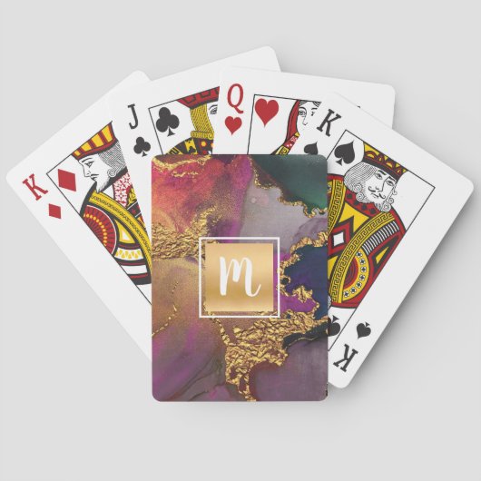 Monogramm lila Marmor mit grüner Wasserfarbe Spielkarten (Rückseite)