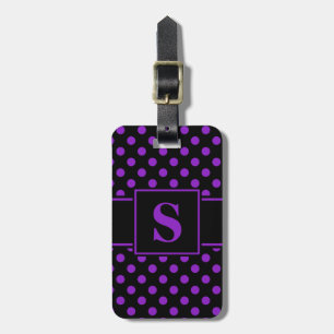 Monogramm Lila Polka-Punkte auf schwarz Gepäckanhänger